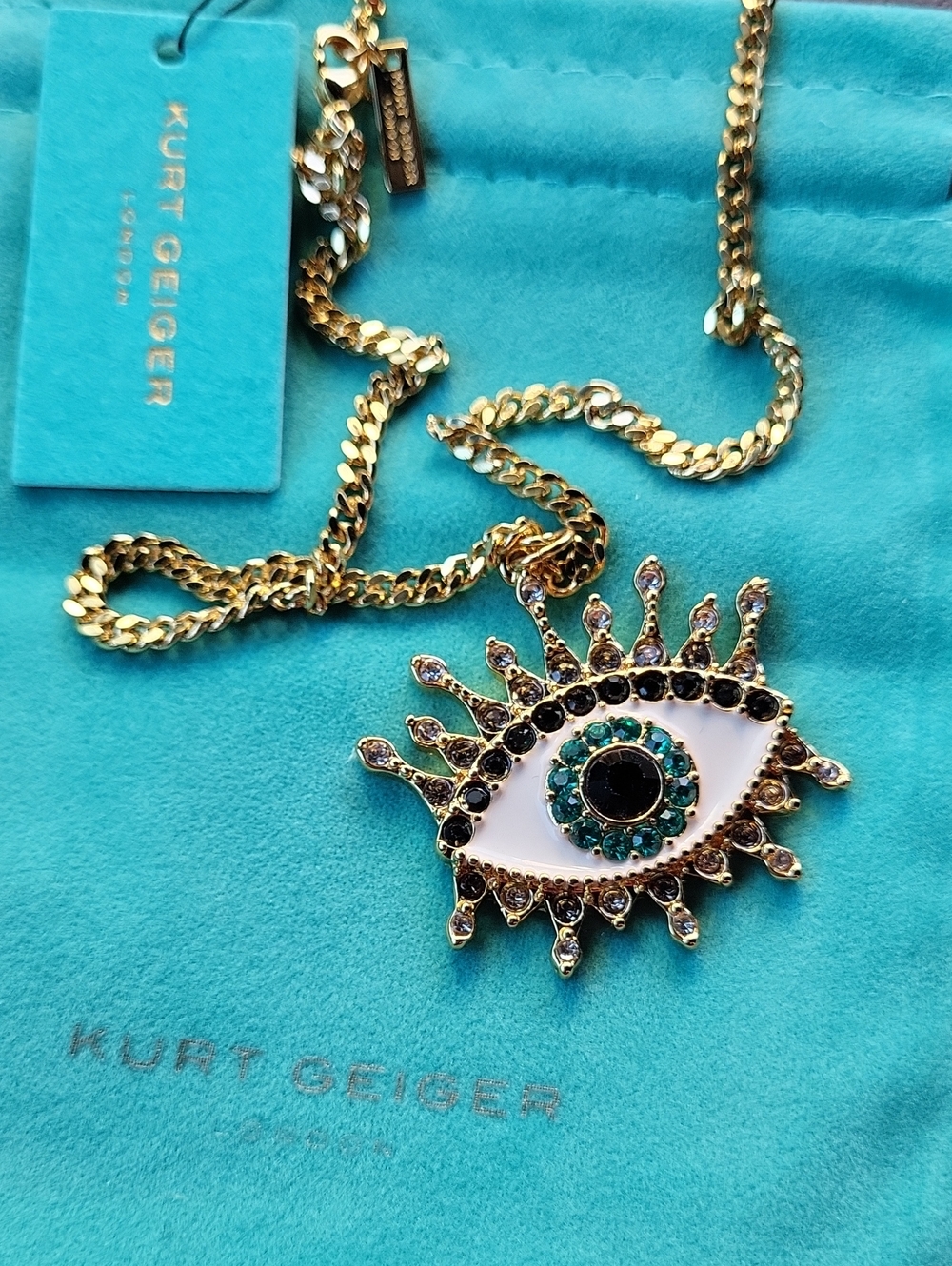 Kurt Geiger Gold-Tone Evil Eye Pendant Necklace with Teal and Black Crystals EL